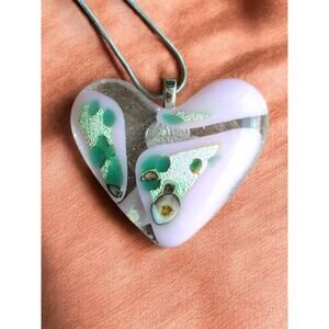 Heart Pendant Chain Fused Pink Green Lilly Colors, Unique, Custom 18" Necklace